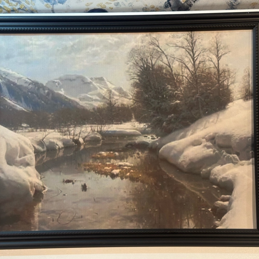winter wonderland snow river holidays framed art painting print 8x10